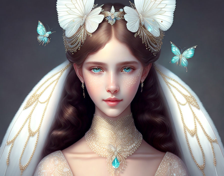 Fantastical portrait of female with butterfly accessories and iridescent wings