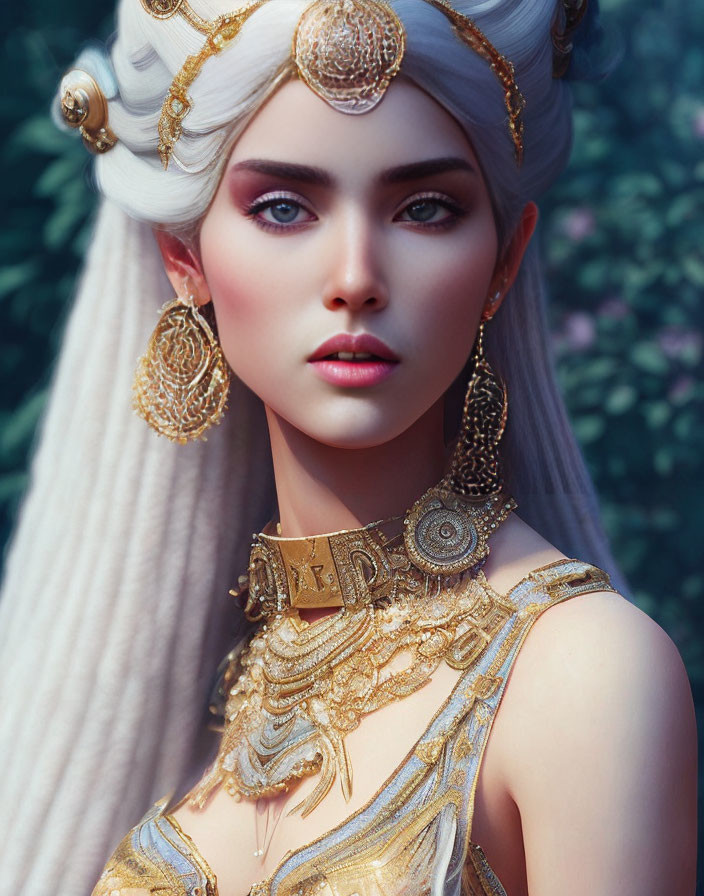 Stylized White-Haired Woman with Gold Accessories and Floral Background