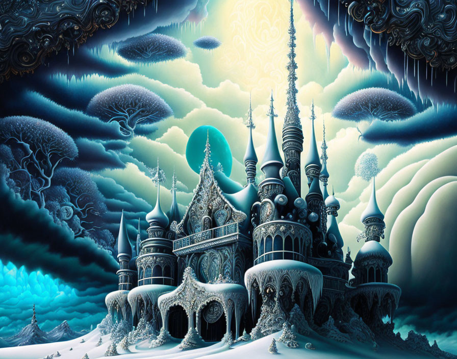 Snowy landscape with castle and mystical sky in fantastical image