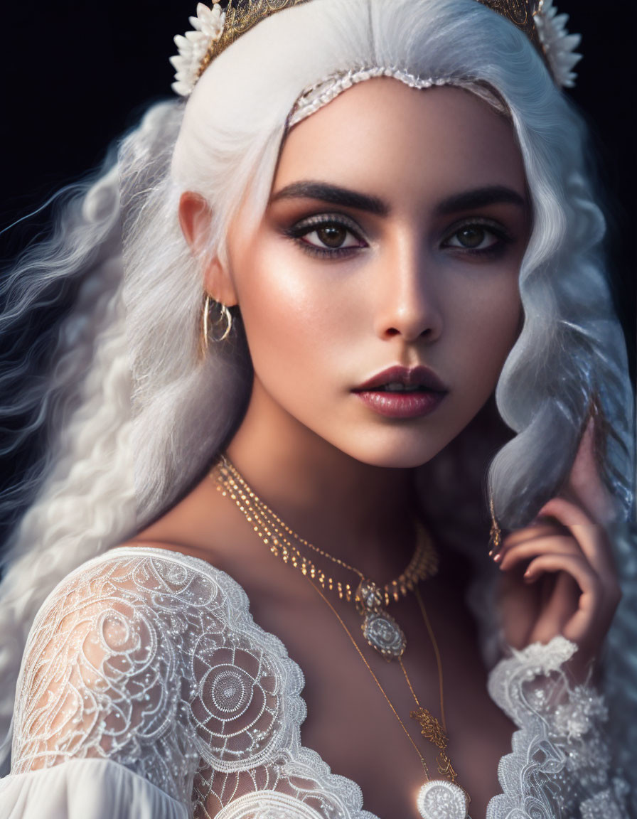 Fantasy queen in white lace dress and golden jewelry with regal headpiece