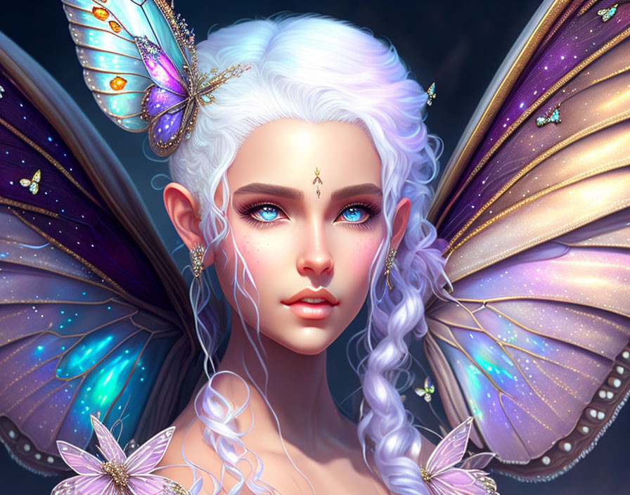 Fantasy illustration: Woman with white hair, butterfly wings, blue eyes, jewel on forehead.