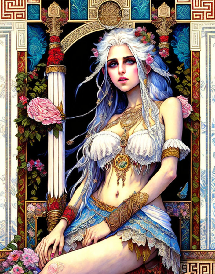 Illustrated female with white hair and blue highlights adorned with golden jewelry and tattoos sitting before an ornate