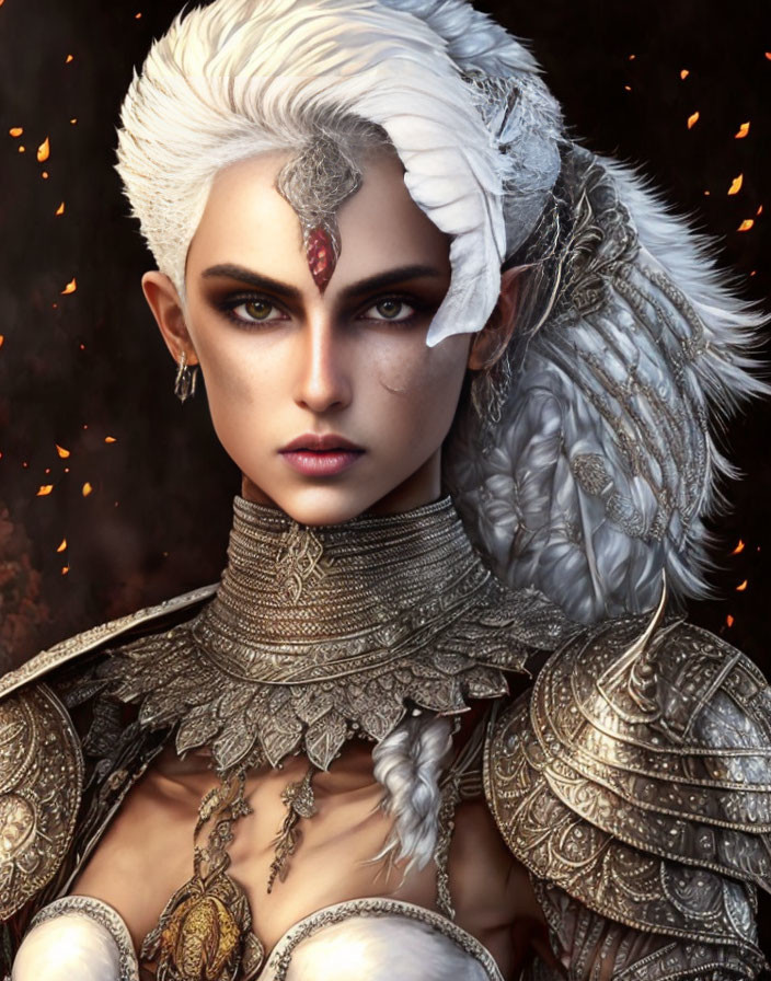 Fantasy female warrior with white hair and red jewel in armor