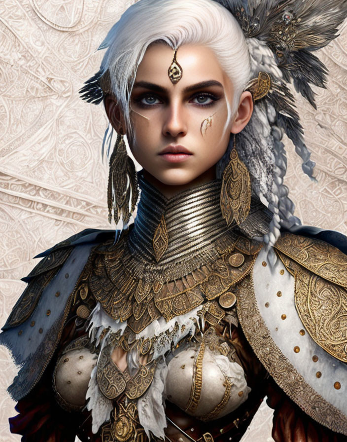 Fantasy character digital portrait with white hair and golden armor