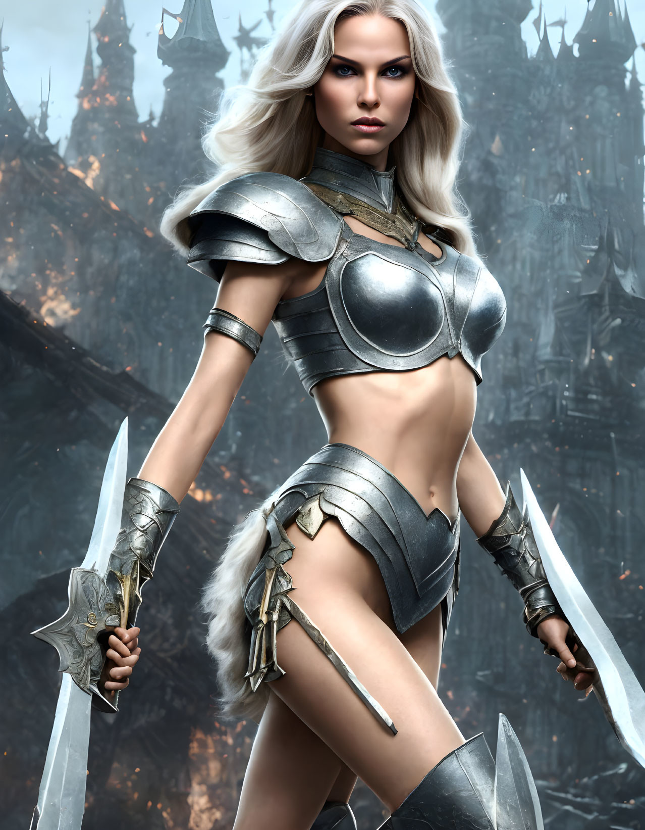 Female warrior in fantasy armor with dagger against dark, spiky towers