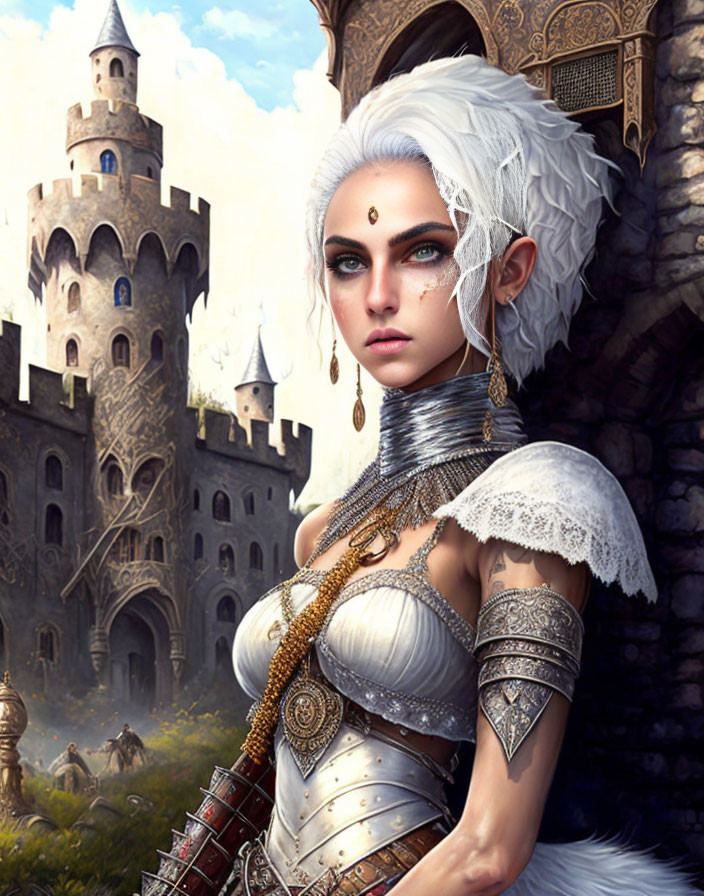 White-Haired Female Warrior Fantasy Illustration with Blue Eyes and Ornate Armor