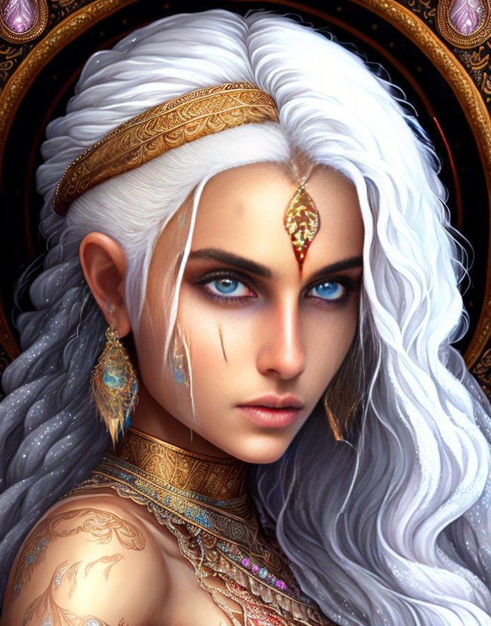 Fictional character portrait with white hair, blue eyes, gold headpiece, and mystical tattoos