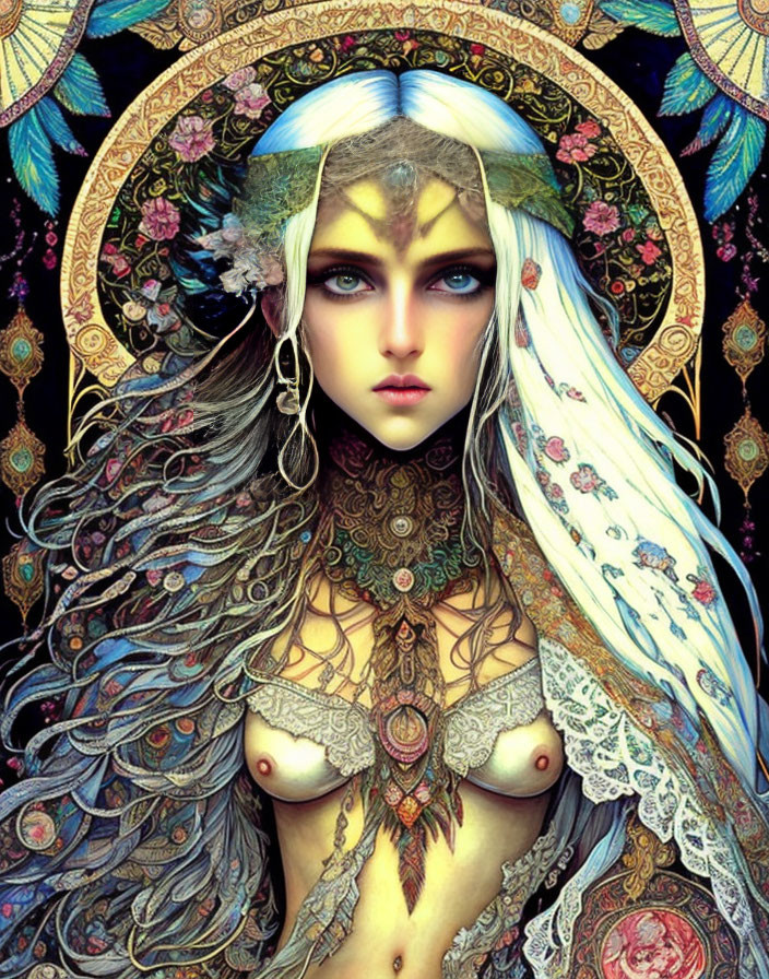 Fantasy Female Character with Silver Hair and Gold Tattoos