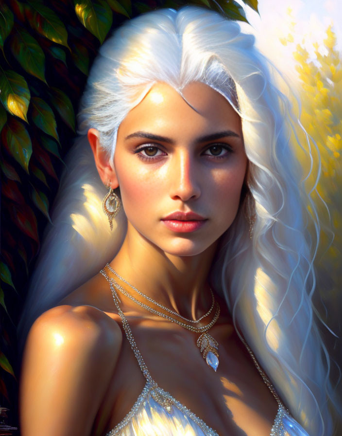 Woman with White Hair and Necklace in Nature Setting