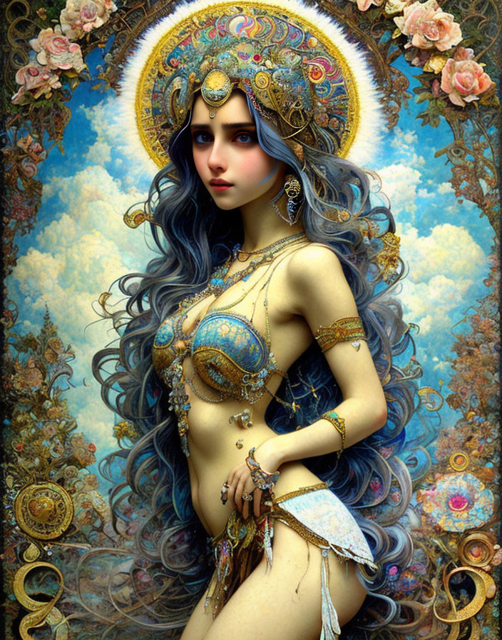 Illustrated character with long blue hair and ornate gold jewelry on floral celestial backdrop