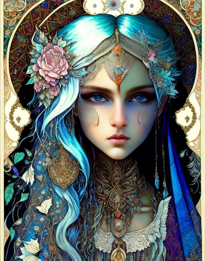 Fantasy illustration of woman with vibrant blue hair and gold jewelry