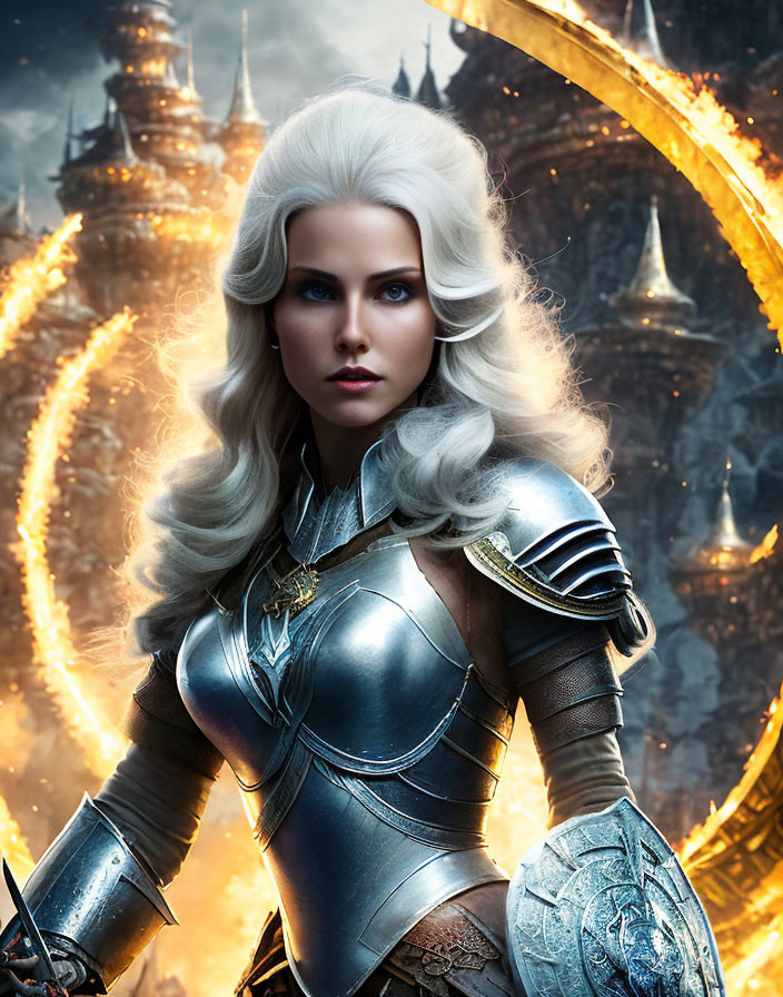 Blonde woman in silver fantasy armor by fiery portal and mystical city