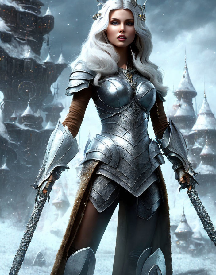 Fantasy armor-clad woman with crown and white hair in snowy castle setting