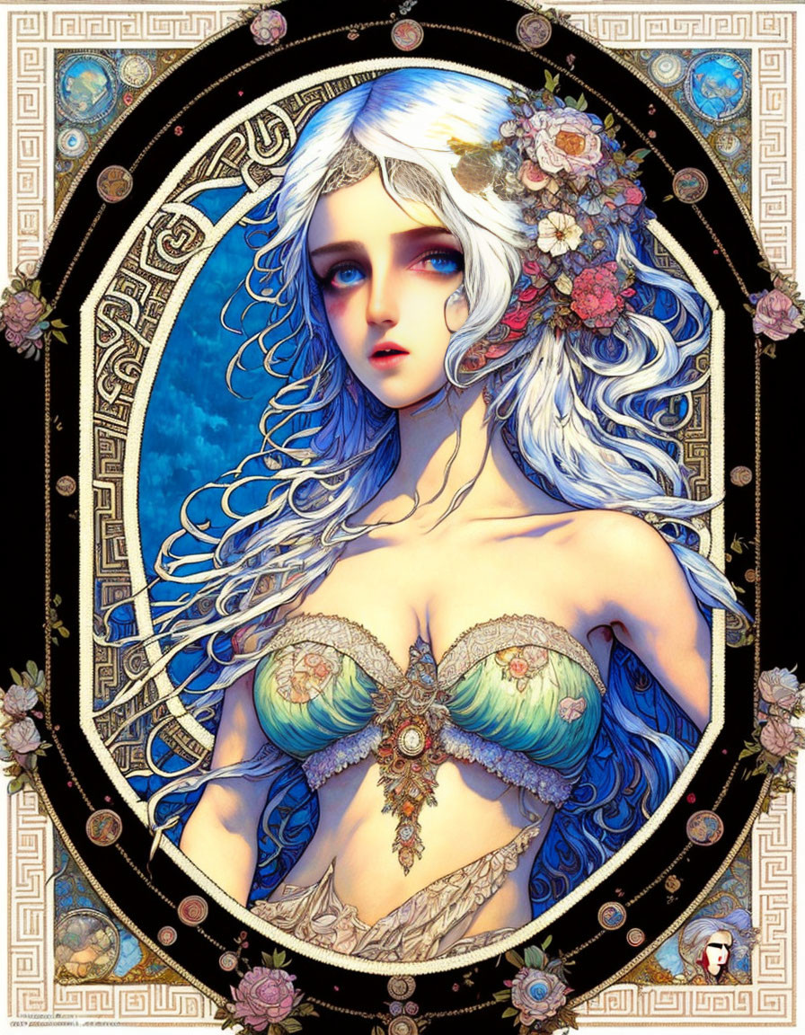 Detailed illustration of pale woman with white hair and floral adornments on blue celestial background