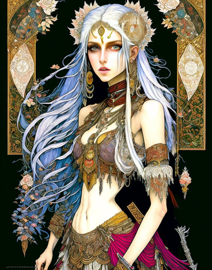 Pale-skinned female figure with blue hair in fantasy attire.