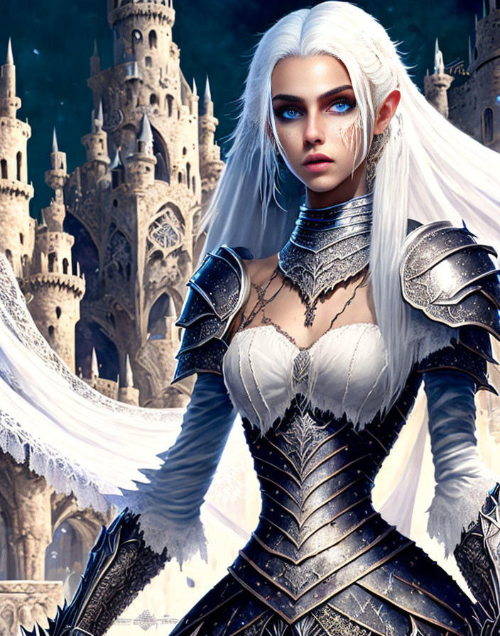 Fantasy digital artwork: Elf with blue eyes in icy castle.