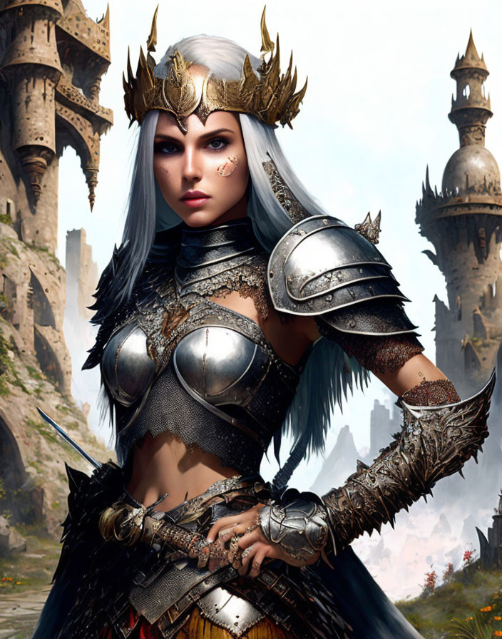 Fantasy female warrior with white hair and silver armor in castle setting