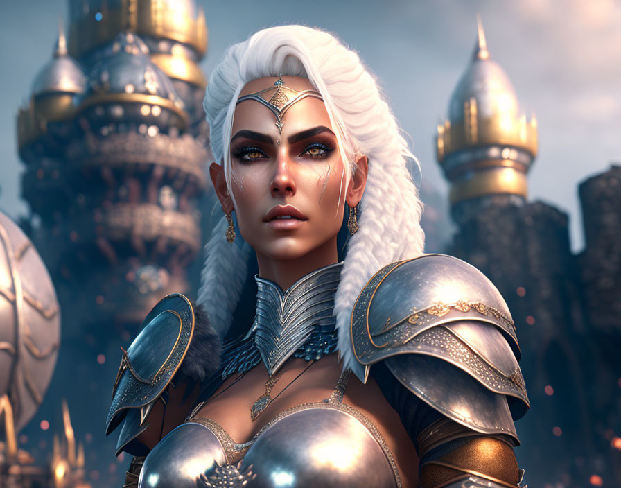 Digital Art: Female Warrior with White Hair and Golden Armor in Fantasy Castle Setting