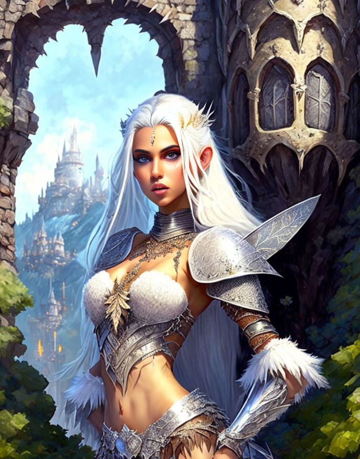 Fictional elven warrior in ornate armor against castle backdrop