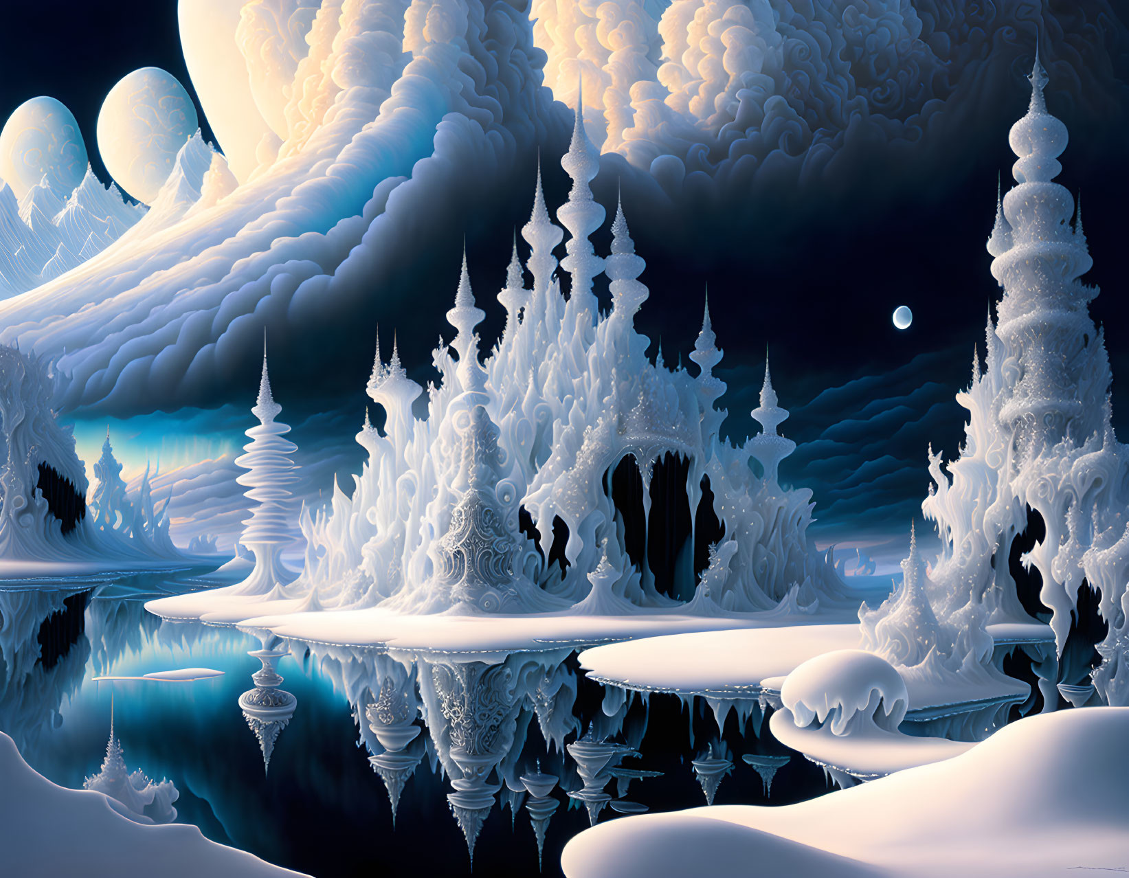 Snow-covered spires and trees in a winter landscape with moons and starlit sky