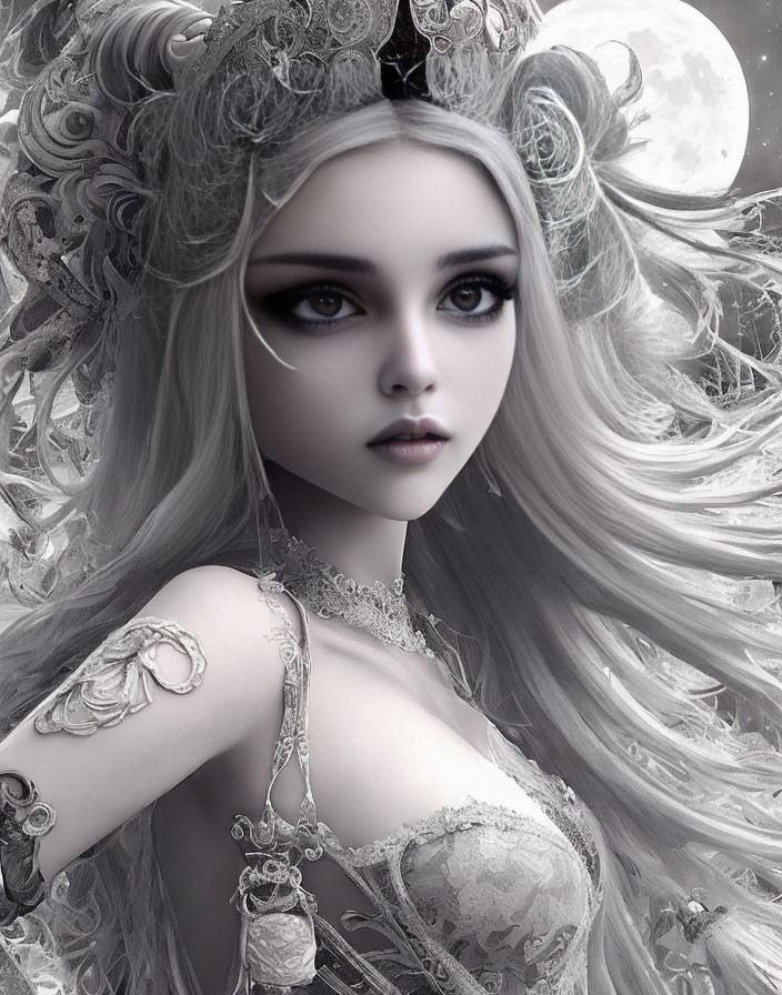 Fantasy female character with intricate hair and shoulder armor in grayscale.