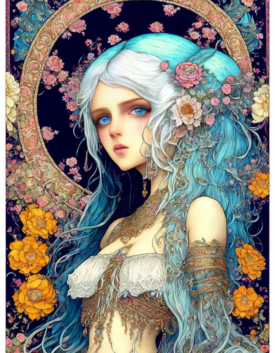 Illustration of woman with blue hair in ornate floral frame wearing gold and cream garments