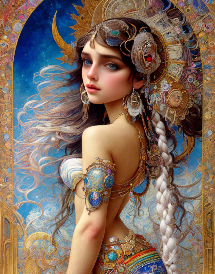 Woman with golden adornments, blue eyes, and celestial backdrop.