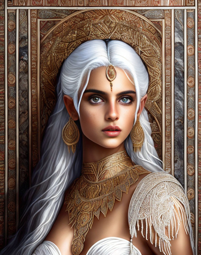 Digital artwork featuring woman with white hair, blue eyes, and gold jewelry on patterned background