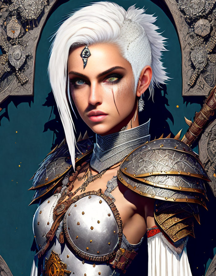 Digital artwork of woman with white hair, green eyes, and fantasy armor with metal details.