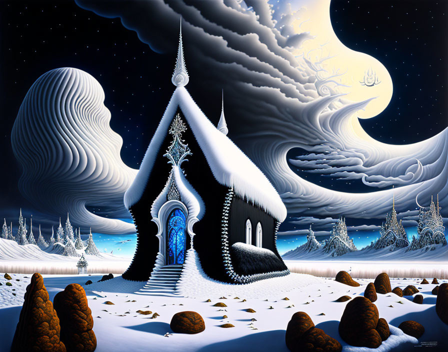 Surreal winter landscape with snow-covered church, crescent moon, and peculiar trees