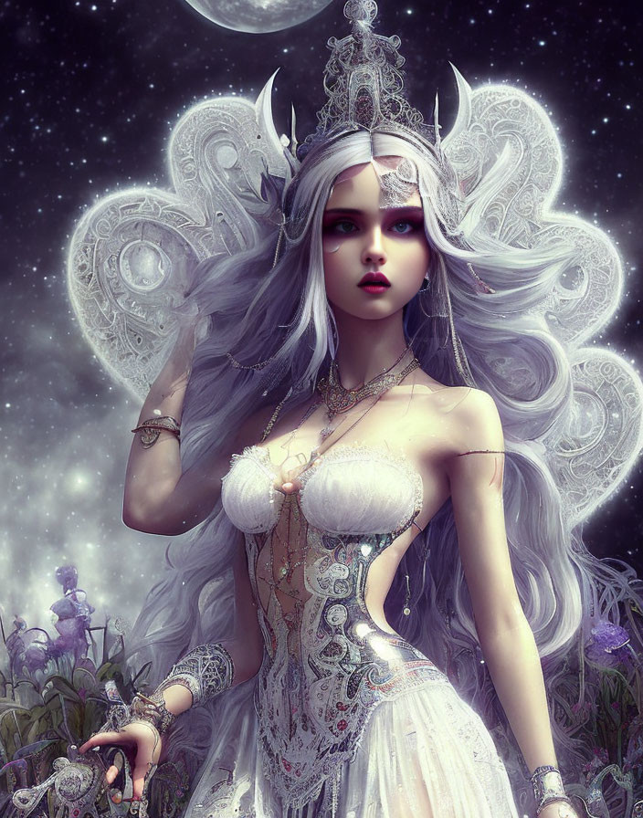 White-Haired Woman with Silver Jewelry and Crown in Purple Flower Field at Night