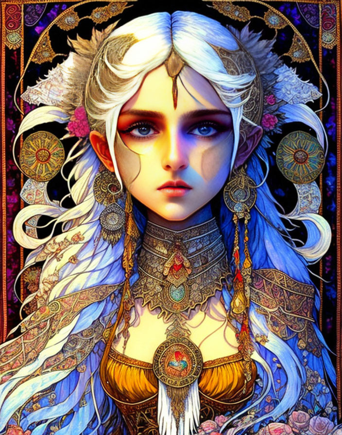 Fantasy character with white hair, blue eyes, golden headdress, ornate apparel, floral background