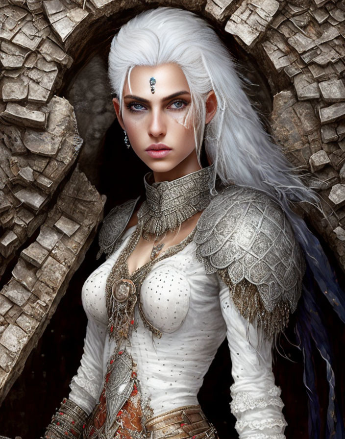 Digital artwork of woman with white hair, blue eyes, fantasy armor, head jewel, stone archway