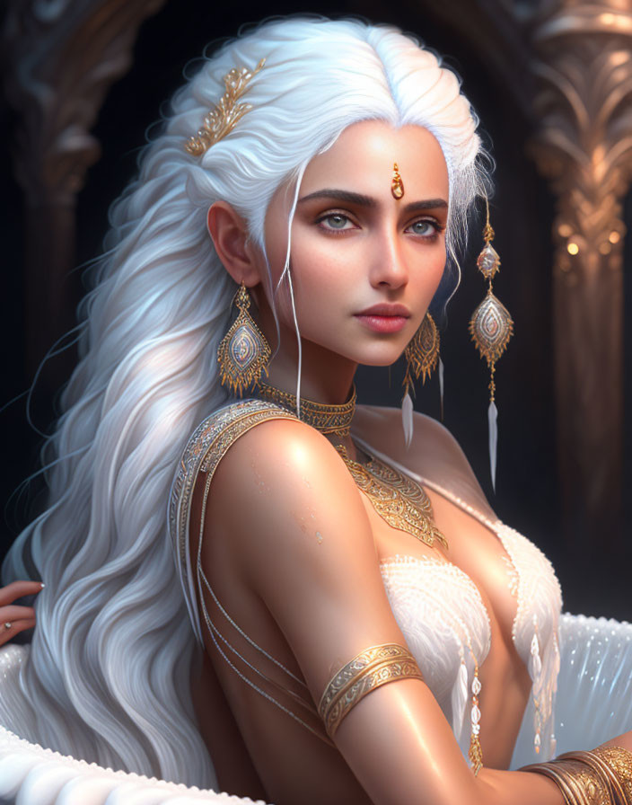 Fantasy portrait of woman with white hair, blue eyes, pointy ears, gold jewelry