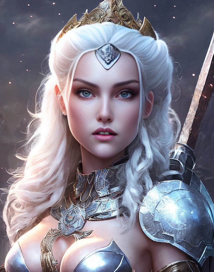 Fictional warrior queen with white hair and blue eyes in ornate armor