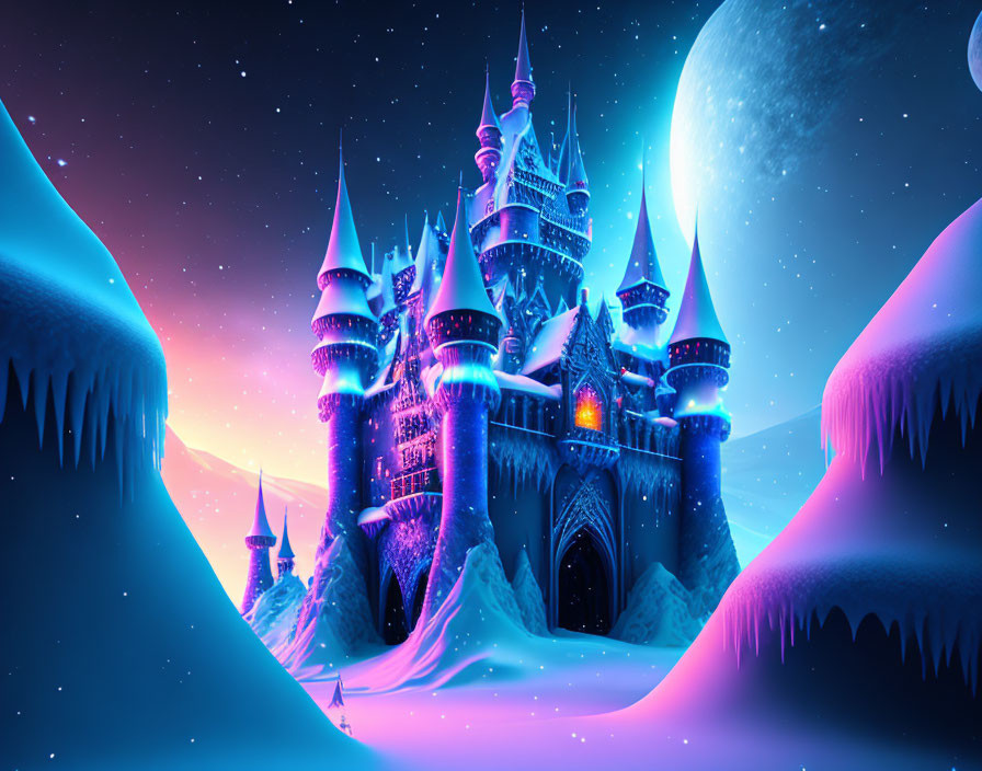 Illuminated icy castle at night with moon and stars