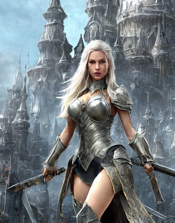 Female Warrior in Detailed Silver Armor with Sword Against Gothic Spires