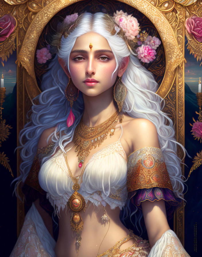 Ethereal woman with white hair and gold jewelry in floral candlelit setting