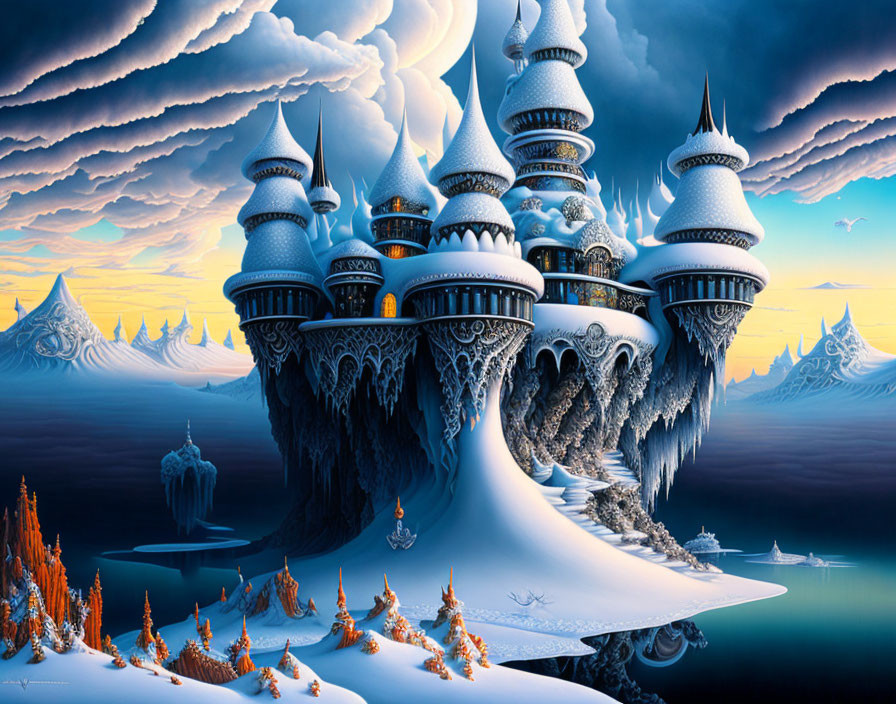 Fantastical ice palace with spires and snowy mountain backdrop