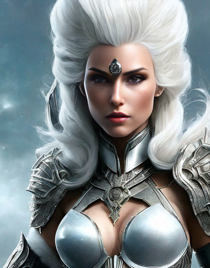 Fantasy woman with white hair and silver armor.