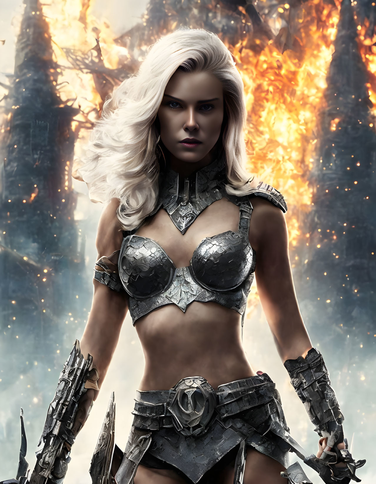 Platinum blonde woman in metallic armor before blazing inferno