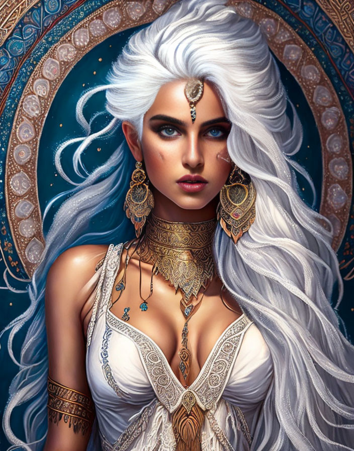 Fantasy character with white hair, blue eyes, golden jewelry, and tattoos on blue background