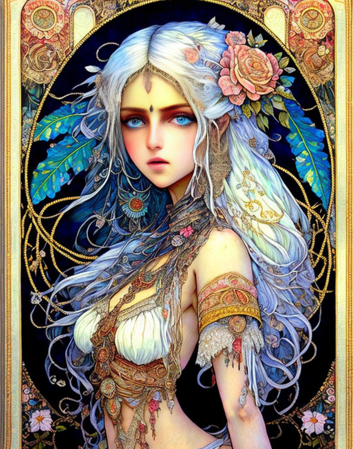 Fantasy Woman Illustration: Silver Hair, Blue Eyes, Floral Adornments