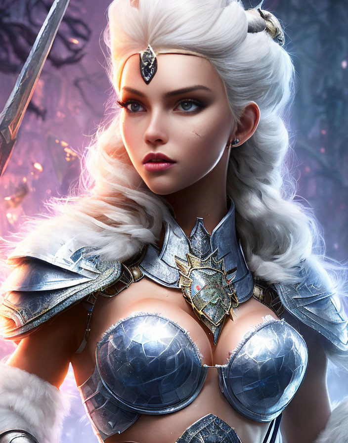 Fantasy warrior woman digital artwork with silver armor and sword