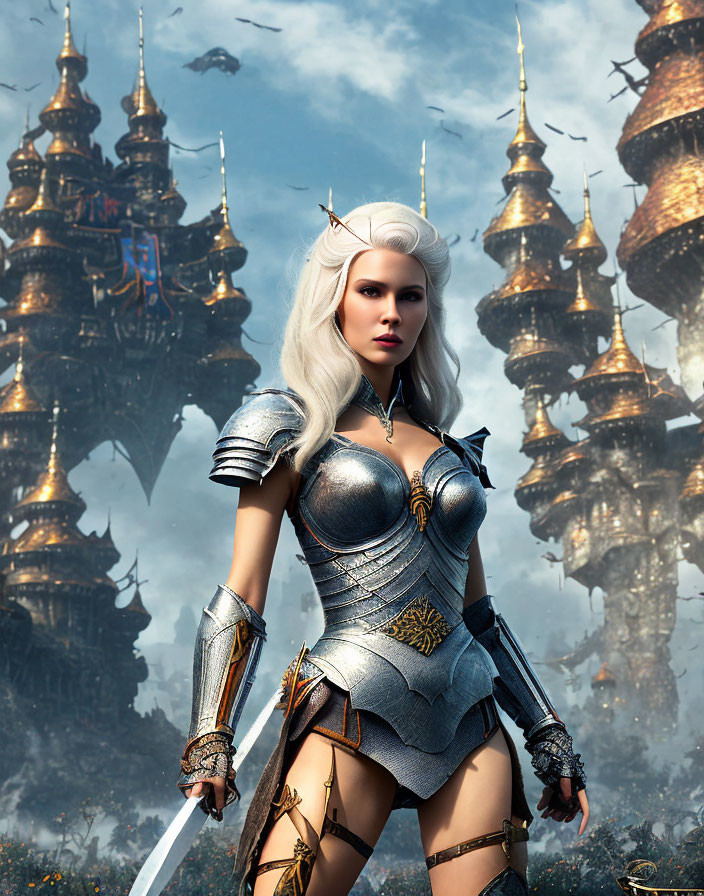 Fantasy female warrior in silver armor with sword in gothic-style towers