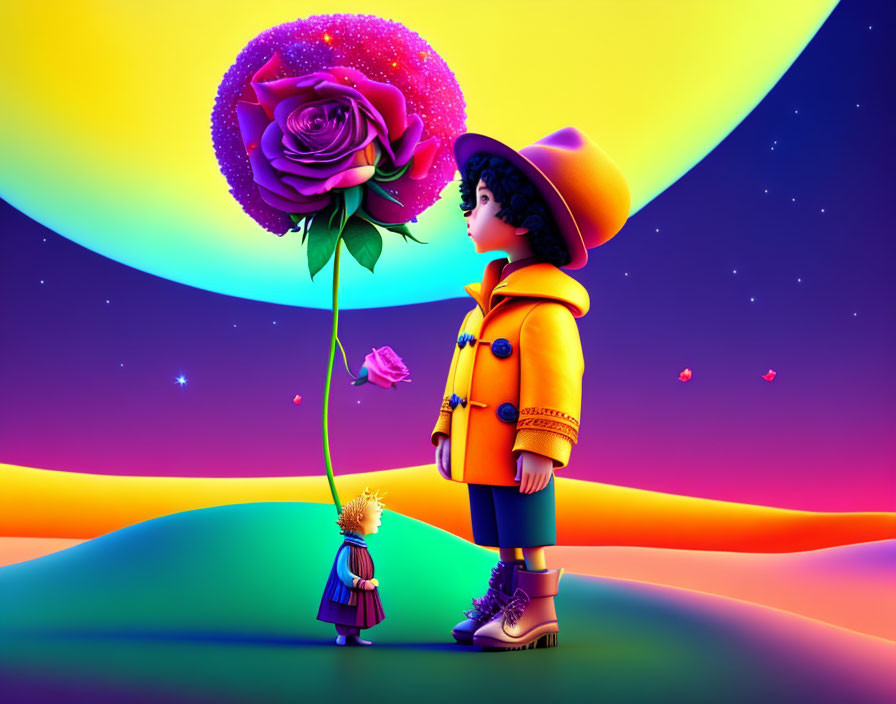 Colorful digital art: Giant child in yellow coat and small figure with rose under surreal sky