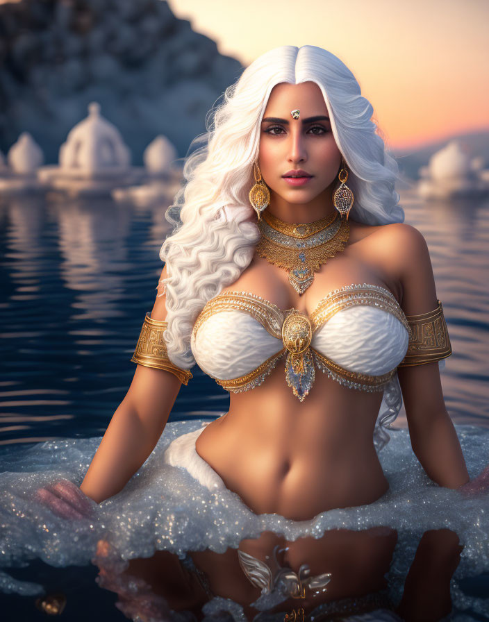 Digital Artwork: Woman with White Hair and Golden Jewelry in Sunset Water