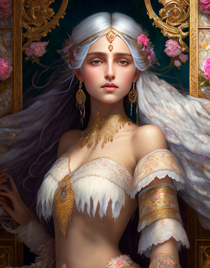 Fantasy portrait of a woman with white hair, golden jewelry, and intricate tattoos