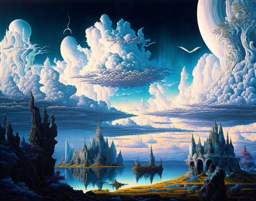 Fantastical landscape with elaborate castles, floating islands, and whimsical clouds