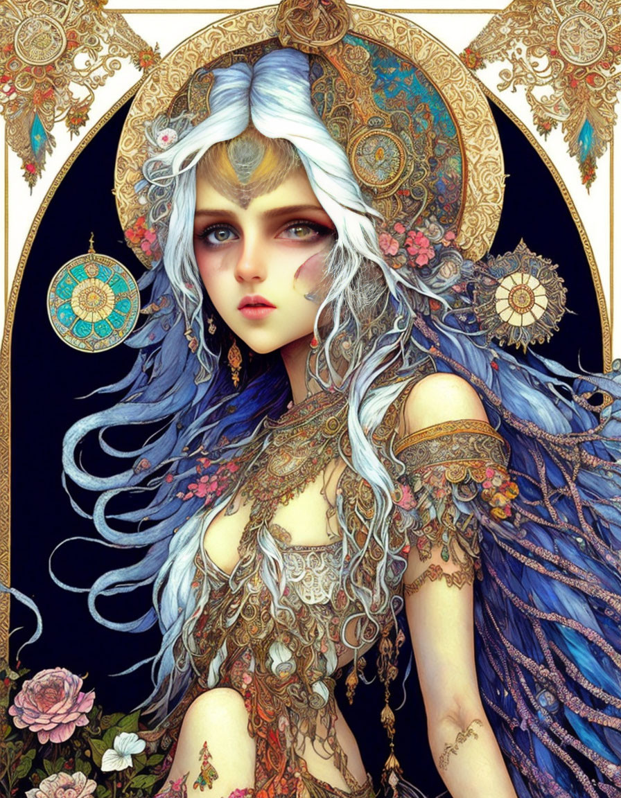 Illustration of Woman with Blue Hair and Golden Eyes in Mystical Theme